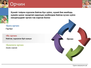 Орчин
     Хүнийг тойрон хүрээлж байгаа бүх зүйлс, хүний бие махбодь
     хувийн шинж чанартай харилцан холбогдож байгаа хүчин зүйлс
     нөхцөлүүдийг орчин гэж нэрлэж болно



•Бага орчин
Гэр бүл



•Их орчин
Нийгэм, хүрээлэн буй хүмүүс                            Орчин


•Биологи орчин
Эхийн хэвлий




                                                            Сурган хүмүүжүүлэх зүй
 
