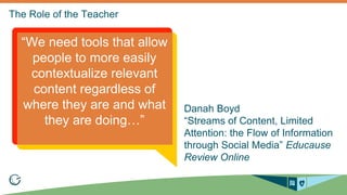 Danah Boyd 
“Streams of Content, Limited 
Attention: the Flow of Information 
through Social Media” Educause 
Review Online 
“We need tools that allow 
people to more easily 
contextualize relevant 
content regardless of 
where they are and what 
they are doing…” 
 