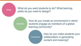 7 
How do you make students your 
collaborators in generating 
content and meaning? 
Design 
What do you want students to do? What learning 
paths do you need to design? 
Interaction 
How do you create an environment in which 
students engage as members of a global 
learning community? 
Coursework 
 