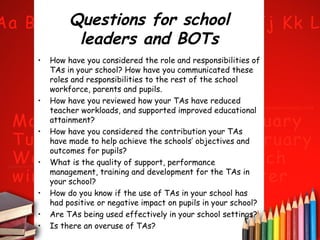 Questions for school
leaders and BOTs
•

•
•
•
•
•
•

How have you considered the role and responsibilities of
TAs in your school? How have you communicated these
roles and responsibilities to the rest of the school
workforce, parents and pupils.
How have you reviewed how your TAs have reduced
teacher workloads, and supported improved educational
attainment?
How have you considered the contribution your TAs
have made to help achieve the schools’ objectives and
outcomes for pupils?
What is the quality of support, performance
management, training and development for the TAs in
your school?
How do you know if the use of TAs in your school has
had positive or negative impact on pupils in your school?
Are TAs being used effectively in your school settings?
Is there an overuse of TAs?

 