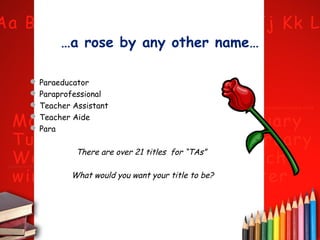 …a rose by any other name…
 Paraeducator
 Paraprofessional
 Teacher Assistant
 Teacher Aide
 Para

There are over 21 titles for “TAs”
What would you want your title to be?

 