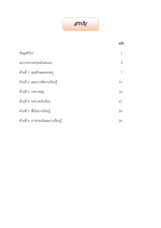 สำรบัญ
หน้า
ข้อมูลทั่วไป

1

แบบรายงานประเมินตนเอง

3

ด้านที่ 1 คุณลักษณะของครู

7

ด้านที่ 2 แผนการจัดการเรียนรู้

11

ด้านที่ 3 บทบาทครู

16

ด้านที่ 4 บทบาทนักเรียน

21

ด้านที่ 5 สื่อในการเรียนรู้

24

ด้านที่ 6 การประเมินผลการเรียนรู้

26

 