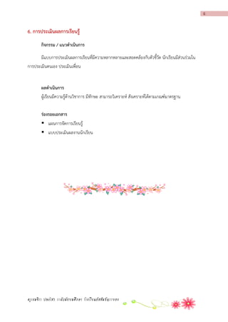 6

6. กำรประเมินผลกำรเรียนรู้
กิจกรรม / แนวดำเนินกำร
มีแบบการประเมินผลการเรียนที่มีความหลากหลายและสอดคล้องกับตัวชี้วัด นักเรียนมีส่วนร่วมใน
การประเมินตนเอง ประเมินเพื่อน
ผลดำเนินกำร
ผู้เรียนมีความรู้ด้านวิชาการ มีทักษะ สามารถวิเคราะห์ สังเคราะห์ได้ตามเกณฑ์มาตรฐาน
ร่องรอยเอกสำร
 แผนการจัดการเรียนรู้
 แบบประเมินผลงานนักเรียน

ครูเขมจิรา ปลงไสว ระดับมัธยมศึกษา โรงเรียนอัสสัมชัญระยอง

 
