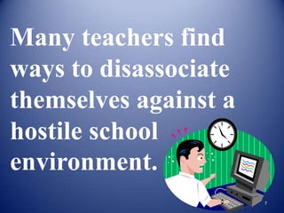 Students
                    exhibit high
                    instances of                    Students lack
                    poor                            interest in
                    behaviors                       school


Poor School Ethos               CAUSES
                                  OF
                               BURNOUT



      Overwhelmed                  Poor relationships among colleagues
      by
      Heavy
      workloads
 