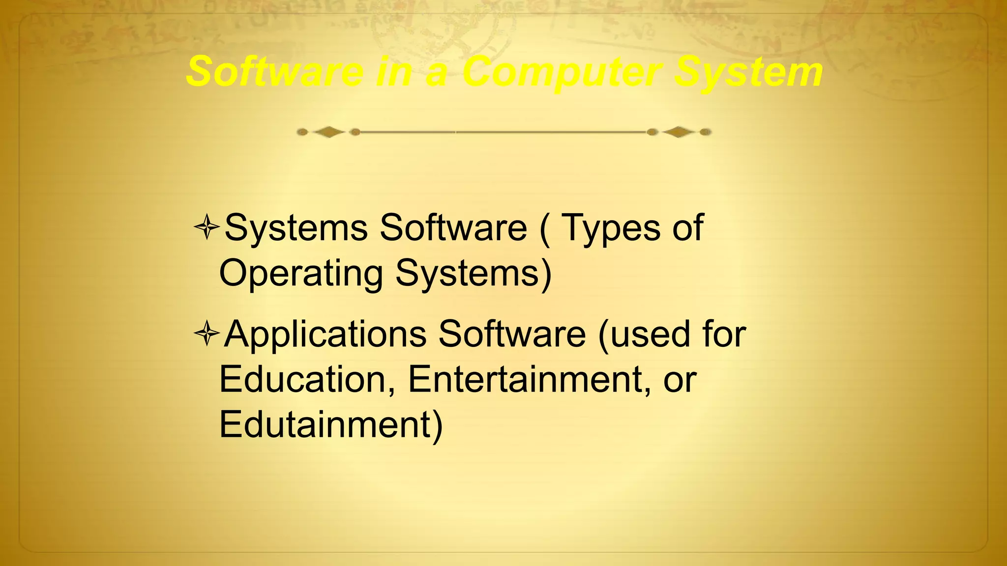 Software in a Computer System
Systems Software ( Types of
Operating Systems)
Applications Software (used for
Education, Entertainment, or
Edutainment)
 