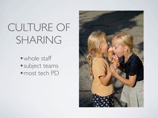 CULTURE OF
 SHARING
 •whole staff
 •subject teams
 •most tech PD
 