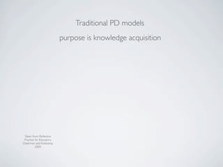 Traditional PD models
                           purpose is knowledge acquisition




 Taken from: Reﬂective
 Practice for Educators,
Osterman and Kottkamp,
          2004
 