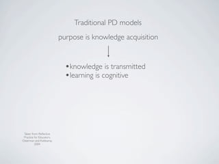 Traditional PD models
                           purpose is knowledge acquisition


                             •knowledge is transmitted
                             •learning is cognitive




 Taken from: Reﬂective
 Practice for Educators,
Osterman and Kottkamp,
          2004
 