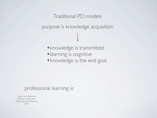 Traditional PD models
                           purpose is knowledge acquisition


                             •knowledge is transmitted
                             •learning is cognitive
                             •knowledge is the end goal


         professional learning is:
 Taken from: Reﬂective
 Practice for Educators,
Osterman and Kottkamp,
          2004
 