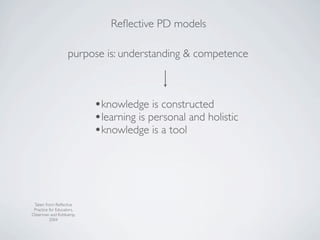 Reﬂective PD models

                   purpose is: understanding & competence



                           •knowledge is constructed
                           •learning is personal and holistic
                           •knowledge is a tool




 Taken from: Reﬂective
 Practice for Educators,
Osterman and Kottkamp,
          2004
 