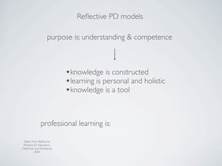 Reﬂective PD models

                   purpose is: understanding & competence



                           •knowledge is constructed
                           •learning is personal and holistic
                           •knowledge is a tool


              professional learning is:

 Taken from: Reﬂective
 Practice for Educators,
Osterman and Kottkamp,
          2004
 