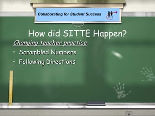 Collaborating for Student Success
How did SITTE Happen?
Changing teacher practiceChanging teacher practice
• Scrambled NumbersScrambled Numbers
• Following DirectionsFollowing Directions
 