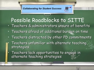 Collaborating for Student Success
• Teachers & administrators unsure of benefitsTeachers & administrators unsure of benefits
• Teachers afraid of additional burden on timeTeachers afraid of additional burden on time
• Teachers distracted by other PD commitmentsTeachers distracted by other PD commitments
• Teachers unfamiliar with alternate teachingTeachers unfamiliar with alternate teaching
strategiesstrategies
• Teachers lack opportunities to engage inTeachers lack opportunities to engage in
alternate teaching strategiesalternate teaching strategies
Possible Roadblocks to SITTE
 