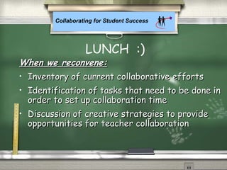 Collaborating for Student Success
When we reconvene:When we reconvene:
• Inventory of current collaborative effortsInventory of current collaborative efforts
• Identification of tasks that need to be done inIdentification of tasks that need to be done in
order to set up collaboration timeorder to set up collaboration time
• Discussion of creative strategies to provideDiscussion of creative strategies to provide
opportunities for teacher collaborationopportunities for teacher collaboration
LUNCH :)
 