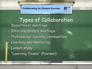 Collaborating for Student Success
Types of Collaboration
• Department meetingsDepartment meetings
• Interdisciplinary meetingsInterdisciplinary meetings
• Professional learning communitiesProfessional learning communities
• Coaching and mentoringCoaching and mentoring
• Lesson studyLesson study
• ““Learning Teams” (Pearson)Learning Teams” (Pearson)
 