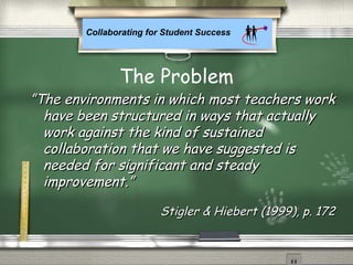 Collaborating for Student Success
The Problem
””The environments in which most teachers workThe environments in which most teachers work
have been structured in ways that actuallyhave been structured in ways that actually
work against the kind of sustainedwork against the kind of sustained
collaboration that we have suggested iscollaboration that we have suggested is
needed for significant and steadyneeded for significant and steady
improvement.”improvement.”
Stigler & Hiebert (1999), p. 172Stigler & Hiebert (1999), p. 172
 