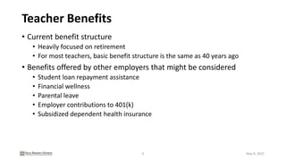 Teacher Benefits
• Current benefit structure
• Heavily focused on retirement
• For most teachers, basic benefit structure is the same as 40 years ago
• Benefits offered by other employers that might be considered
• Student loan repayment assistance
• Financial wellness
• Parental leave
• Employer contributions to 401(k)
• Subsidized dependent health insurance
8 May 9, 2022
 