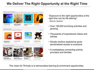 We Deliver The Right Opportunity at the Right Time
“Exposure to the right opportunities at the
right time can be life-altering”
- Malcolm Gladwell
•  Over 150,000 enriching activities and
growing
•  Thousands of inspirational videos and
articles
•  Simple intuitive experience gives
personalized access to everyone
•  A marketplace connecting activity
providers and families
The vision for Thrively is to democratize learning & enrichment opportunities.
 
