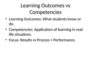 Learning Outcomes vs
Competencies
• Learning Outcomes: What students know or
do.
• Competencies: Application of learning in real-
life situations.
• Focus: Results vs Process + Performance.
 