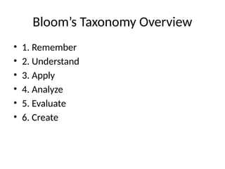 Bloom’s Taxonomy Overview
• 1. Remember
• 2. Understand
• 3. Apply
• 4. Analyze
• 5. Evaluate
• 6. Create
 