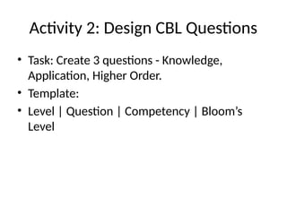 Activity 2: Design CBL Questions
• Task: Create 3 questions - Knowledge,
Application, Higher Order.
• Template:
• Level | Question | Competency | Bloom’s
Level
 