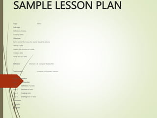 SAMPLE LESSON PLAN
Topic : Tables
Sub-topic :
Definition of tables
Creating tables
Objectives :
By the end of the lesson, the learner should be able to;
•define a table
•explain the structure of a table
•create a table
•enter text in a table
Reference :Macharia J. K. Computer Studies Bk 2
Teaching aids : computer, white board, markers
Lesson presentation
Step 1 Introduction
Step 2 Definition of a table
Step 3 Structure of table
Step 4 Creating table:
Step 5 Entering texts in table:
Conclusion
: Remarks:
EXERCISE
 
