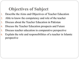 Objectives of Subject
1. Describe the Aims and Objectives of Teacher Education
2. Able to know the competency and role of the teacher
3. Discuss about the Teacher Education in Pakistan
4. Discuss the Teacher Education prospects and Future
5. Discuss teacher education in comparative perspective
6. Explain the role and responsibilities of a teacher in Islamic
perspective
 