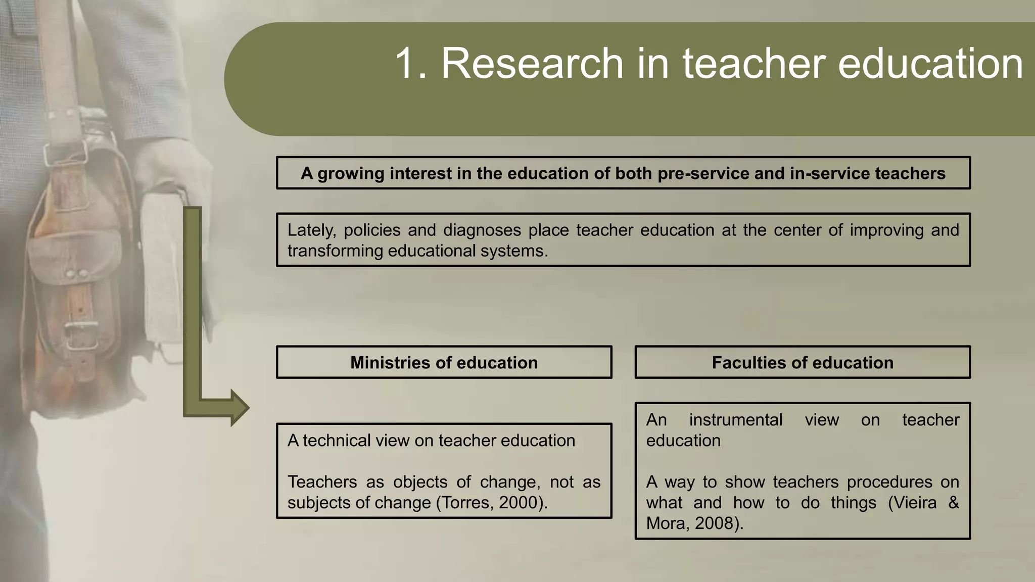 1. Research in teacher education
Lately, policies and diagnoses place teacher education at the center of improving and
transforming educational systems.
A growing interest in the education of both pre-service and in-service teachers
A technical view on teacher education
Teachers as objects of change, not as
subjects of change (Torres, 2000).
Ministries of education
An instrumental view on teacher
education
A way to show teachers procedures on
what and how to do things (Vieira &
Mora, 2008).
Faculties of education
 
