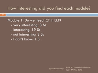 How interesting did you find each module? <ul><li>Module 1: Do we need ICT in ELT? - very interesting: 3 Ss - interesting:...