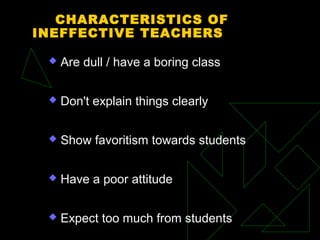 CHARACTERISTICS OF
INEFFECTIVE TEACHERS
 Are dull / have a boring class
 Don't explain things clearly
 Show favoritism towards students
 Have a poor attitude
 Expect too much from students
 