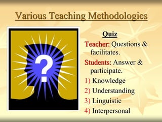 Various Teaching Methodologies
Quiz
Teacher: Questions &
facilitates.
Students: Answer &
participate.
1) Knowledge
2) Understanding
3) Linguistic
4) Interpersonal
 