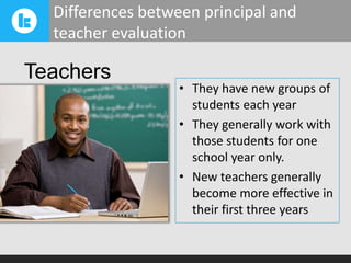 Differences between principal and
teacher evaluation

Teachers

• They have new groups of
students each year
• They generally work with
those students for one
school year only.
• New teachers generally
become more effective in
their first three years

 