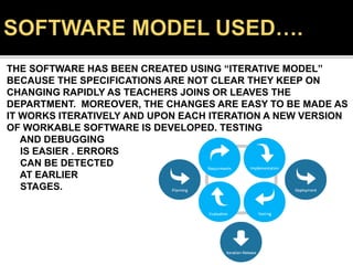 THE SOFTWARE HAS BEEN CREATED USING “ITERATIVE MODEL”
BECAUSE THE SPECIFICATIONS ARE NOT CLEAR THEY KEEP ON
CHANGING RAPIDLY AS TEACHERS JOINS OR LEAVES THE
DEPARTMENT. MOREOVER, THE CHANGES ARE EASY TO BE MADE AS
IT WORKS ITERATIVELY AND UPON EACH ITERATION A NEW VERSION
OF WORKABLE SOFTWARE IS DEVELOPED. TESTING
AND DEBUGGING
IS EASIER . ERRORS
CAN BE DETECTED
AT EARLIER
STAGES.
 