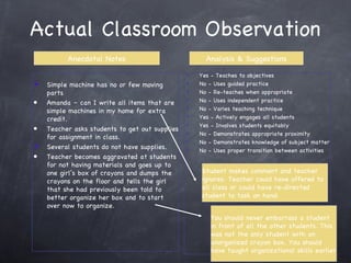 Actual Classroom Observation Student makes comment and teacher ignores. Teacher could have offered to all class or could have re-directed student to task on hand. You should never embarrass a student in front of all the other students. This was not the only student with an unorganized crayon box. You should have taught organizational skills earlier Anecdotal Notes Analysis & Suggestions Simple machine has no or few moving parts Amanda – can I write all items that are simple machines in my home for extra credit. Teacher asks students to get out supplies for assignment in class. Several students do not have supplies. Teacher becomes aggravated at students for not having materials and goes up to one girl’s box of crayons and dumps the crayons on the floor and tells the girl that she had previously been told to better organize her box and to start over now to organize. Yes - Teaches to objectives No - Uses guided practice No - Re-teaches when appropriate No - Uses independent practice No - Varies teaching technique Yes - Actively engages all students Yes - Involves students equitably No - Demonstrates appropriate proximity No - Demonstrates knowledge of subject matter No - Uses proper transition between activities 