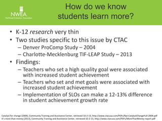 How do we know 
students learn more? 
• K-12 research very thin 
• Two studies specific to this issue by CTAC 
– Denver ProComp Study – 2004 
– Charlotte-Mecklenburg TIF-LEAP Study – 2013 
• Findings: 
– Teachers who set a high quality goal were associated 
with increased student achievement 
– Teachers who set and met goals were associated with 
increased student achievement 
– Implementation of SLOs can make a 12-13% difference 
in student achievement growth rate 
Catalyst for change (2004), Community Training and Assistance Center, retrieved 10-2-13, http://www.ctacusa.com/PDFs/Rpt-CatalystChangeFull-2004.pdf 
It’s more than money (2013), Community Training and Assistance Center, retrieved 10-2-13, http://www.ctacusa.com/PDFs/MoreThanMoney-report.pdf 
 