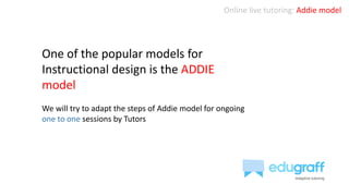 Online live tutoring: Addie model
One of the popular models for
Instructional design is the ADDIE
model
We will try to adapt the steps of Addie model for ongoing
one to one sessions by Tutors
 