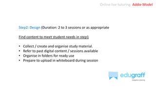 Online live tutoring: Addie Model
Step2: Design (Duration: 2 to 3 sessions or as appropriate
Find content to meet student needs in step1
• Collect / create and organise study material.
• Refer to past digital content / sessions available
• Organise in folders for ready use
• Prepare to upload in whiteboard during session
 