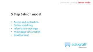 Online live tutoring: Salmon Model
5 Step Salmon model
• Access and motivation
• Online socialising
• Information exchange
• Knowledge construction
• Development
 
