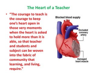 The Heart of a Teacher
• “The courage to teach is
the courage to keep
one’s heart open in
those very moments
when the heart is asked
to hold more than it is
able, so that teacher
and students and
subject can be woven
into the fabric of
community that
learning, and living,
require.”
 