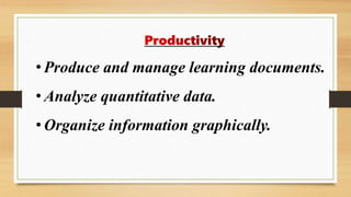 • Produce and manage learning documents.
• Analyze quantitative data.
• Organize information graphically.
 