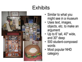 Exhibits Similar to what you might see in a museum Uses text, images, objects, etc. to make an argument Up to 6' tall, 40" wide, and 30" deep  500 student-composed words Most popular NHD category 