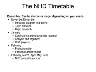 The NHD Timetable Remember: Can be shorter or longer depending on your needs. November/December: Introduce program and theme Topic selection Begin research  January Continue into more advanced research Analysis and argument Draft projects February Project creation  Feedback and revisions  February, March, April, May, June NHD competition cycle 