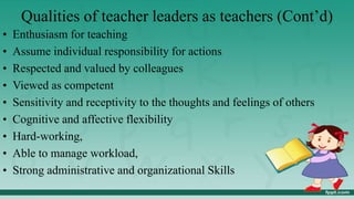 Qualities of teacher leaders as teachers (Cont’d)
• Enthusiasm for teaching
• Assume individual responsibility for actions
• Respected and valued by colleagues
• Viewed as competent
• Sensitivity and receptivity to the thoughts and feelings of others
• Cognitive and affective flexibility
• Hard-working,
• Able to manage workload,
• Strong administrative and organizational Skills
 