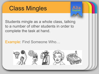 Class Mingles
Students mingle as a whole class, talking
to a number of other students in order to
complete the task at hand.
Example: Find Someone Who…
 