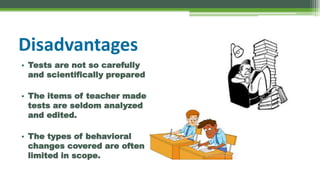 Disadvantages
• Tests are not so carefully
and scientifically prepared
• The items of teacher made
tests are seldom analyzed
and edited.
• The types of behavioral
changes covered are often
limited in scope.
 