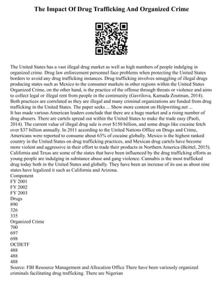 The Impact Of Drug Trafficking And Organized Crime
The United States has a vast illegal drug market as well as high numbers of people indulging in
organized crime. Drug law enforcement personnel face problems when protecting the United States
borders to avoid any drug trafficking instances. Drug trafficking involves smuggling of illegal drugs
producing states such as Mexico to the consumer markets in other regions within the United States
Organized Crime, on the other hand, is the practice of the offense through threats or violence and aims
to collect legal or illegal rent from people in the community (Gavrilova, Kamada Zoutman, 2014).
Both practices are correlated as they are illegal and many criminal organizations are funded from drug
trafficking in the United States. The paper seeks ... Show more content on Helpwriting.net ...
It has made various American leaders conclude that there are a huge market and a rising number of
drug abusers. There are cartels spread out within the United States to make the trade easy (Paoli,
2014). The current value of illegal drug sale is over $150 billion, and some drugs like cocaine fetch
over $37 billion annually. In 2011 according to the United Nations Office on Drugs and Crime,
Americans were reported to consume about 63% of cocaine globally. Mexico is the highest ranked
country in the United States on drug trafficking practices, and Mexican drug cartels have become
more violent and aggressive in their effort to trade their products in Northern America (Beittel, 2015).
California and Texas are some of the states that have been influenced by the drug trafficking efforts as
young people are indulging in substance abuse and gang violence. Cannabis is the most trafficked
drug today both in the United States and globally. They have been an increase of its use as about nine
states have legalized it such as California and Arizona.
Component
FY 2001
FY 2002
FY 2003
Drugs
890
326
335
Organized Crime
700
697
698
OCDETF
488
488
488
Source: FBI Resource Management and Allocation Office There have been variously organized
criminals facilitating drug trafficking. There are Nigerian
 