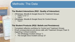 The Student Interactions (RQ1: Quality of Interaction)
• (Whatsapp, Moodle & Google Docs) for Treatment Groups
• Tasks 1.2 & 1.3
• Task 2
• (Whatsapp, Moodle & Google Docs) for Control Groups
• Task 2
The Student Products (RQ2: Beliefs and Persistence)
• Completed reflection portfolios for Control and Treatment Groups
• Email correspondence and phone calls with Treatment Groups (Task 3)
regarding 2 critical incidents:
• The Whatsapp Incident (Group 1)
• The Google Docs Incident (Group 3)*
Methods: The Data
 