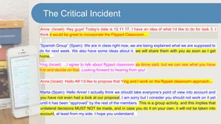 Anne: (Israel): Hey guys! Today’s date is 12.11.17, I have an idea of what I’d like to do for task 3. I
think it would be great to incorporate the Flipped Classroom…
The Critical Incident
“Spanish Group” (Spain): We are in class right now, we are being explained what we are supposed to
do for next week. We also have some ideas about it, we will share them with you as soon as I get
home,...
Ying (Israel): ...I agree to talk about flipped classroom as Anne said, but we can see what you have
first and decide on that. Looking forward to hearing from you!
Anne:(Israel): Hello All! I’d like to propose that Ying and I work on the flipped classroom approach...
Marta (Spain): Hello Anne! I actually think we should take everyone’s point of view into account and
you have not even had a look at our proposal, I am sorry but I consider you should not work on it yet
until it has been “approved” by the rest of the members. This is a group activity, and this implies that
unilateral decisions MUST NOT be made, and in case you do it on your own, it will not be taken into
account, at least from my side. I hope you understand.
 