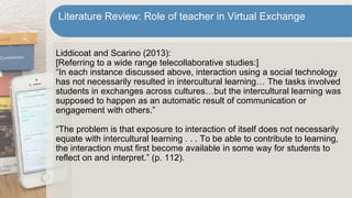 Liddicoat and Scarino (2013):
[Referring to a wide range telecollaborative studies:]
“In each instance discussed above, interaction using a social technology
has not necessarily resulted in intercultural learning… The tasks involved
students in exchanges across cultures…but the intercultural learning was
supposed to happen as an automatic result of communication or
engagement with others.”
“The problem is that exposure to interaction of itself does not necessarily
equate with intercultural learning . . . To be able to contribute to learning,
the interaction must first become available in some way for students to
reflect on and interpret.” (p. 112).
Literature Review: Role of teacher in Virtual Exchange
 