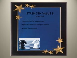 STRENGTH VALUE 5
                     STRATEGIC

comprehend what has gone wrong

generate schemes for solving the problem

choose the best option
 